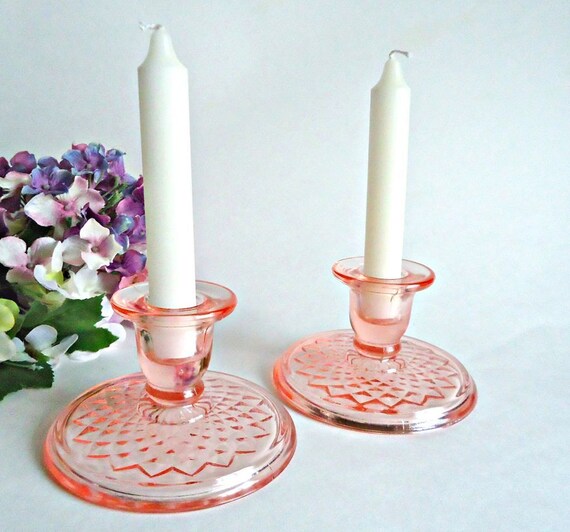 Pink Depression Glass Candlesticks Candle Holders Diamond Etsy