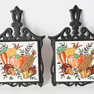 2 Vintage Cast Iron Tile Trivets Harvest Theme 1970s