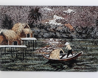 3 Piece Vietnamese Wood Black Lacquer Daily Life Fishing Village