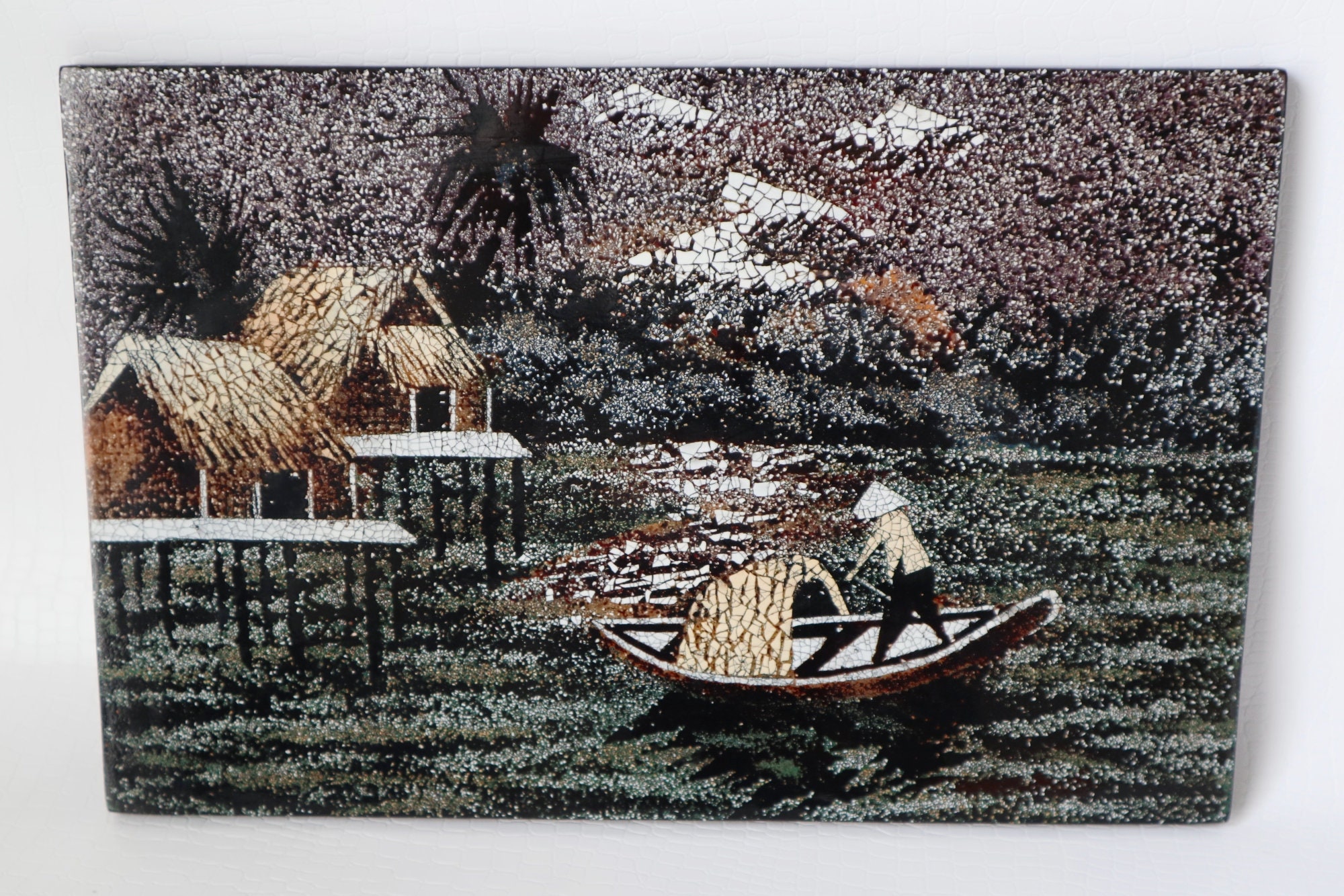 3 Piece Vietnamese Wood Black Lacquer Daily Life Fishing Village