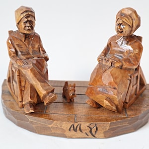 2 Vintage Hand Carved Man & Woman With Terrier Scottie Dog Canadian Signed