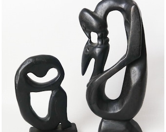 2 Hand-Carved Wood Sculptures Abstract Kissing Couple & Woman