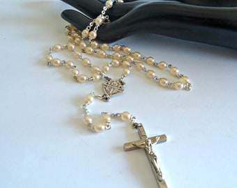 Vintage Rosary Faux Pearl  Beads Metal Cross Crucifix Italy