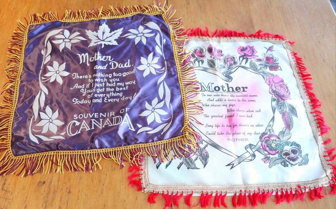 2 Vintage Souvenir Pillow Covers Wartime Era Mammoth Mother & Dad Satin