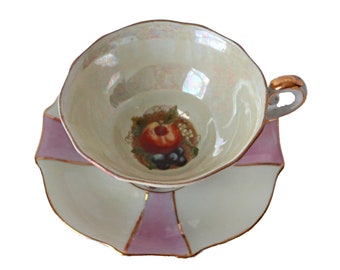 Vintage Lusterware Tea Cup and Saucer Teacup Lavender & White Fruit 3 Footed  Japan  Bone China