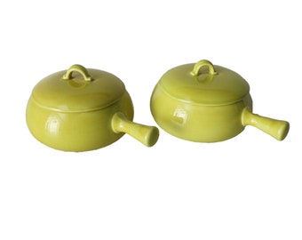 2 Vintage MCM Chartreuse Onion Soup Bowls  B