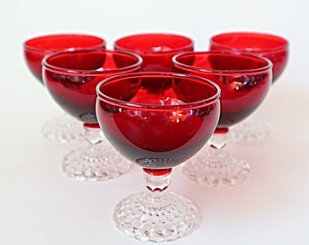 6 Royal Ruby Boopie Glasses Glass Stemware 1950's Vintage Anchor Hocking