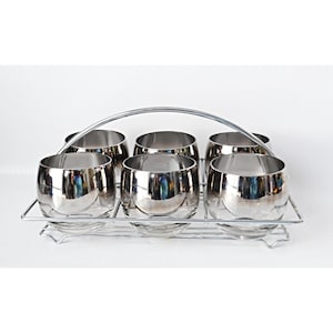 6 Mid-Century Modern Dorothy Thorpe Style Silver Rim Glasses Roly Poly With Chrome Holder