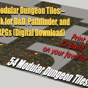 May include: A digital image showcasing a 2D map pack for tabletop role-playing games. The text reads "Printable Modular Dungeon Tiles" and "54 Modular Dungeon Tiles!" The map features a modular design with a stone texture, and the text encourages users to print and play or build on their favorite VTT.