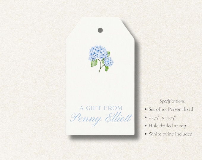 Personalized Hydrangea Gift Tags | Custom Floral Favor Tags | Southern Wedding Gift Tags | Set of 10 | Blue Watercolor Tags with Twine