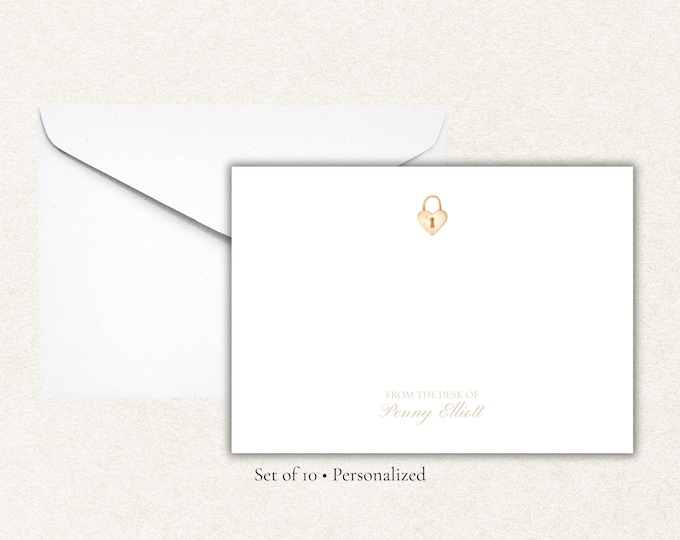 Personalized Heart Lock Stationery | From the Desk Of Note Cards | Custom Name Flat Cards with Envelopes | A2 Notecards Set