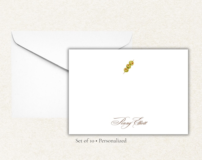 Personalized Martini Olive Stationery | Custom Cocktail Note Cards | Flat Cards with Envelopes | Hostess Gift | A2 Notecards