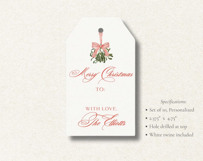 Personalized Merry Christmas Gift Tags | Custom Holiday Tags | Set of 10 | Elegant Red & Green Mistletoe Favor Tags with Twine