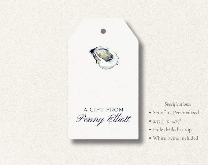 Personalized Oyster Gift Tags | Coastal Hostess Tags | Custom Favor Tags | Set of 10 | Nautical Blue & White Gift Tags with Twine