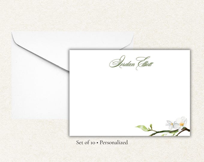 Magnolia Personalized Stationery | Custom Name Flat Note Cards | Floral Stationery Set with Envelopes | Set of 10
