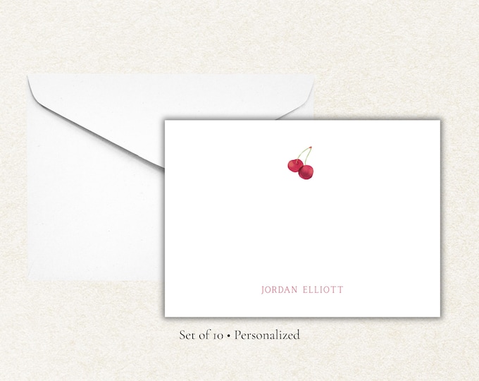 Personalized Cherry Stationery | Custom Name Flat Note Cards | Cute Fruit Notecards with Envelopes | Personalized Gift Set (10)