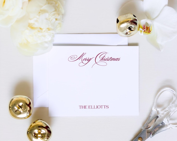 Personalized Merry Christmas Stationery | Elegant Holiday A2 Notecards with Envelopes | Classic Red Script Christmas Cards | Set of 10