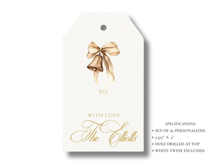 Personalized Christmas Bell Gift Tags | Elegant Holiday Gift Tags | Set of 16 | Gold Christmas Bell Tags with Twine