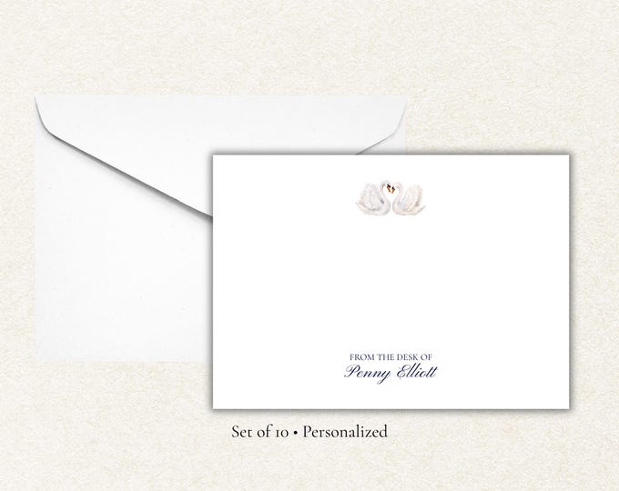 Personalized Swan Stationery | Custom Name Flat Note Cards | From the Desk Of Cards | Elegant Wedding Gift Set with Envelopes (10)