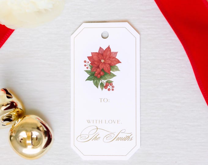 Personalized Poinsettia Christmas Gift Tags | Elegant Holiday Gift Tags | Hand-Painted Red Poinsettia Christmas Tags with Gold Lettering
