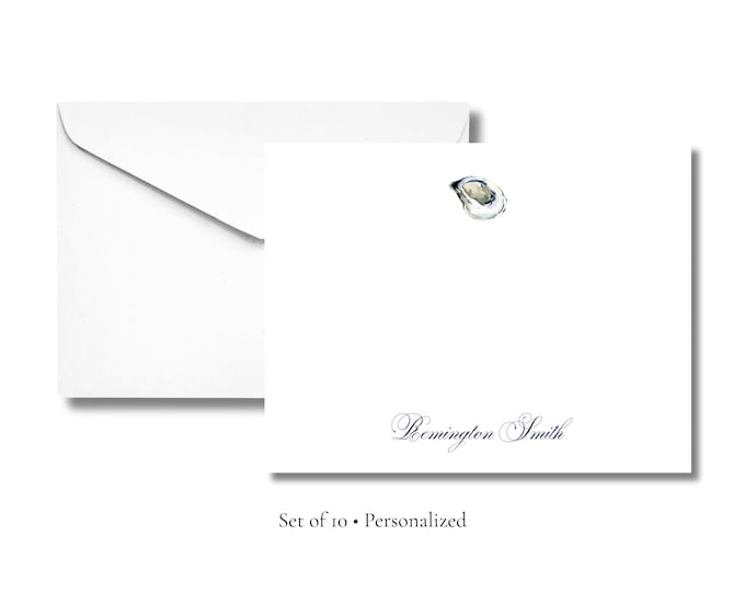 Personalized Oyster Stationery | Coastal A2 Notecards with Envelopes | Custom Nautical Flat Note Cards | Stationery Set of 10