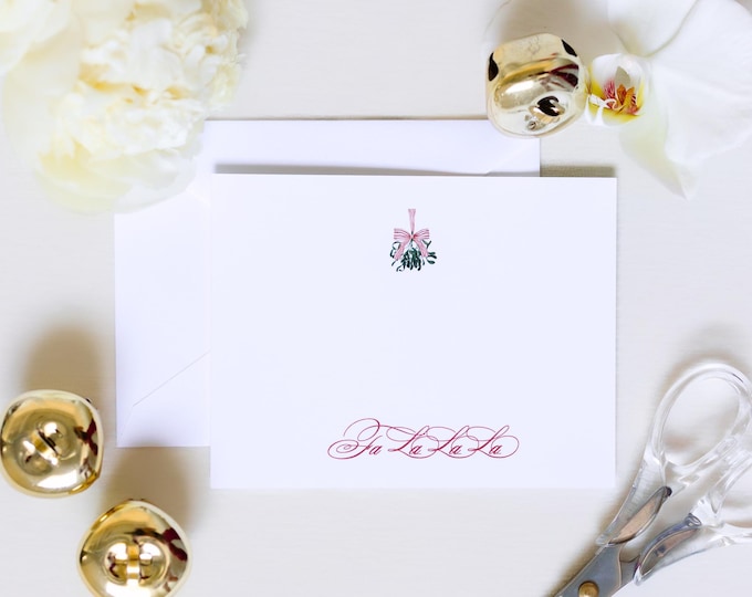 Personalized Fa La La Christmas Stationery | Elegant Holiday A2 Notecards with Envelopes | Red Script Christmas Cards with Mistletoe