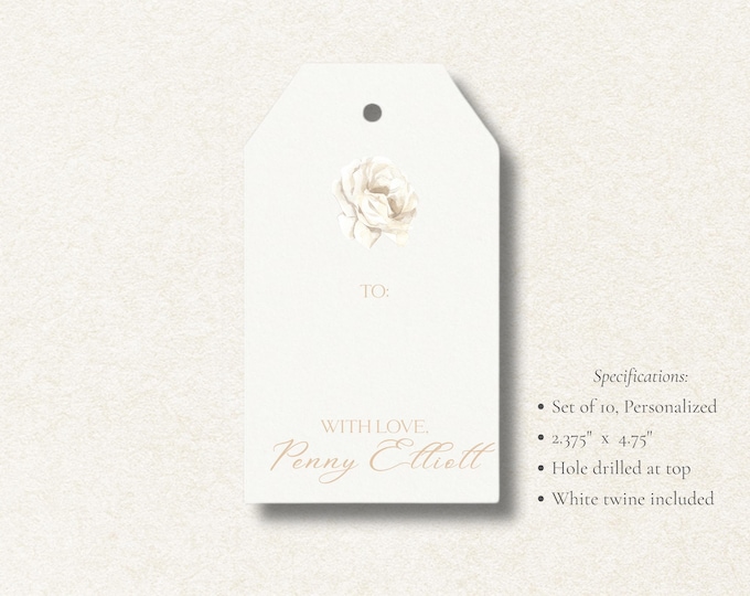 Personalized White Rose Gift Tags | Custom Floral Favor Tags | Elegant Wedding Gift Tags | Set of 10 | Watercolor Rose Tags with Twine