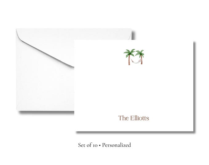 Personalized Palm Tree Stationery | Tropical Flat Notecards with Envelopes | Custom Name Note Cards | Summer Stationery Set | Set of 10
