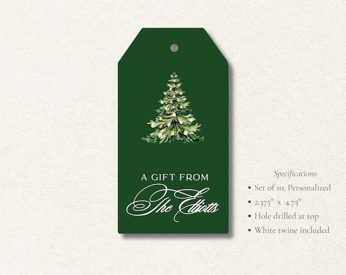 Personalized Christmas Tree Gift Tags | Custom Holiday Tags | Set of 10 | Elegant Green & White Christmas Favor Tags with Twine