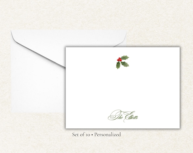 Personalized Holly Berry Christmas Stationery | Custom Family Name Note Cards | Holiday Flat Cards with Envelopes (A2)