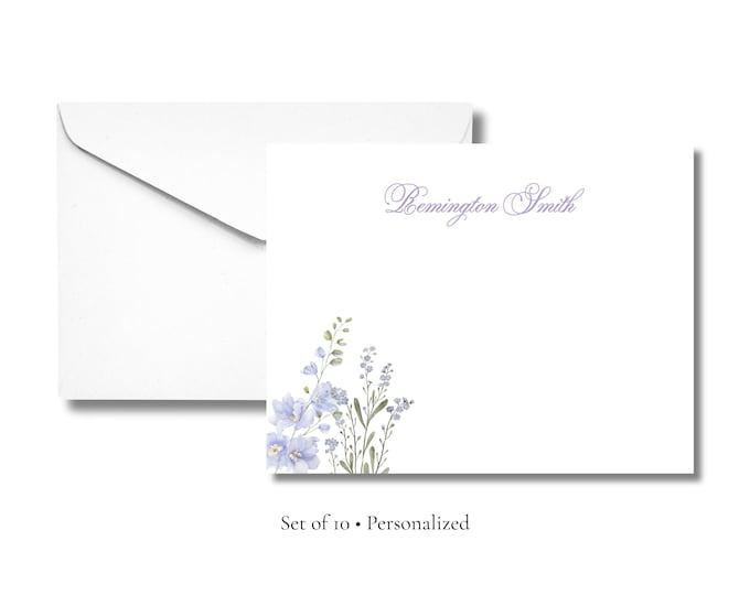 Personalized Floral Stationery | Elegant Flat Notecards with Envelopes | Custom Name Stationery Set | Set of 10