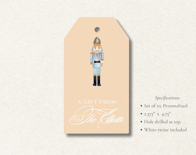 Personalized Nutcracker Christmas Gift Tags | Elegant Holiday Tags, Set of 10 | Blue Nutcracker Christmas Favor Tags with Twine