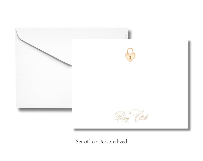 Personalized Heart Lock Stationery | Elegant A2 Notecards with Envelopes | Custom Name Flat Note Cards | Romantic Stationery Set of 10