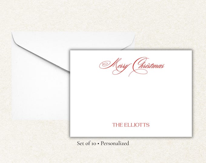 Personalized Merry Christmas Notecards | Elegant Holiday Stationery, Set of 10 | Classic Red Script Christmas Cards with Envelopes