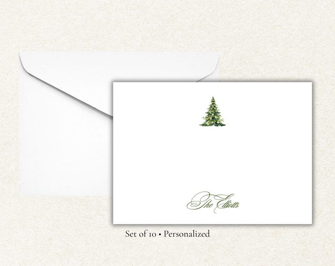 Personalized Christmas Tree Stationery Set | Custom Family Name Flat Note Cards with Envelopes | Holiday Notecards (A2)