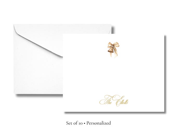 Personalized Christmas Bell Stationery | Elegant Holiday A2 Notecards with Envelopes | Gold Bell Christmas Cards | Set of 10