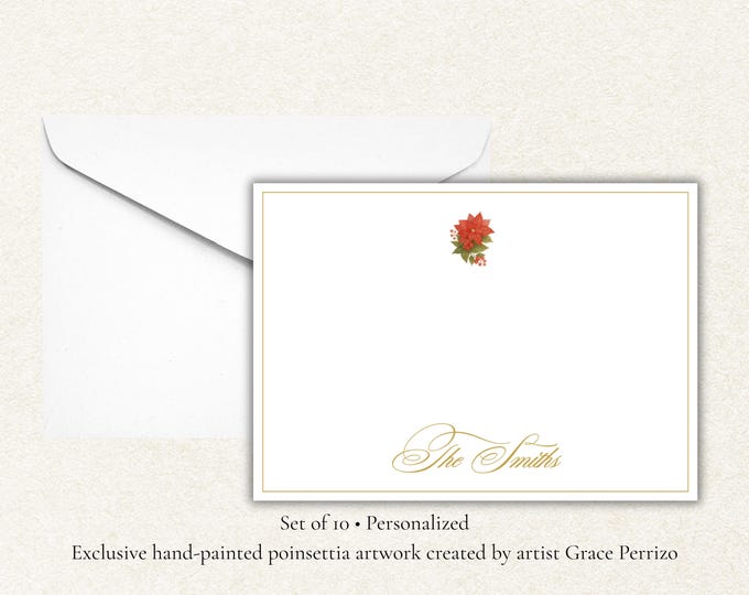 Personalized Poinsettia Christmas Notecards | Hand-Painted Holiday Stationery Set of 10 | Elegant Red Floral Christmas Cards with Gold