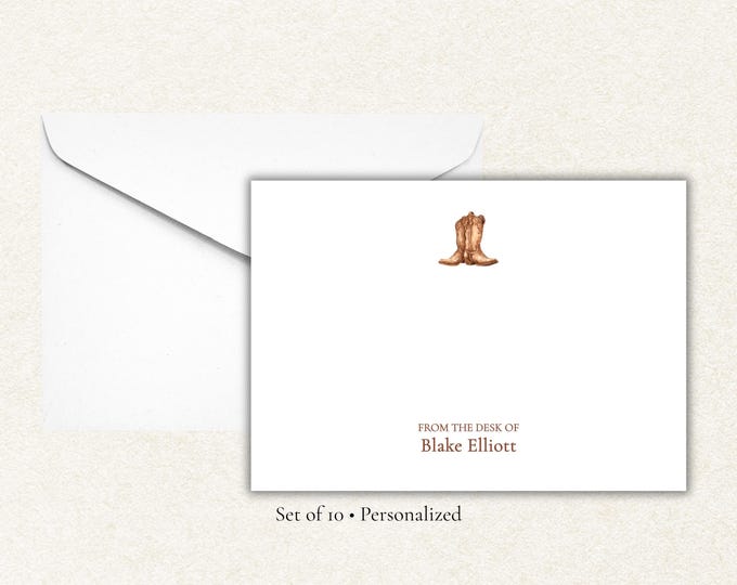 Personalized Cowboy Boot Stationery | Western Men’s Note Cards | From the Desk Of Stationery | Custom Flat Cards | Set of 10 with Envelopes