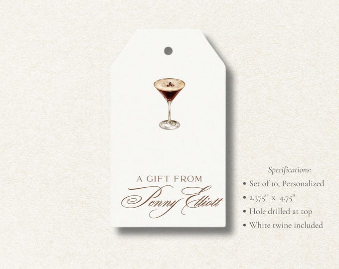 Personalized Espresso Martini Gift Tags | Cocktail Favor Tags | Custom Bar Cart Tags | Set of 10 | Watercolor Martini Gift Tags with Twine