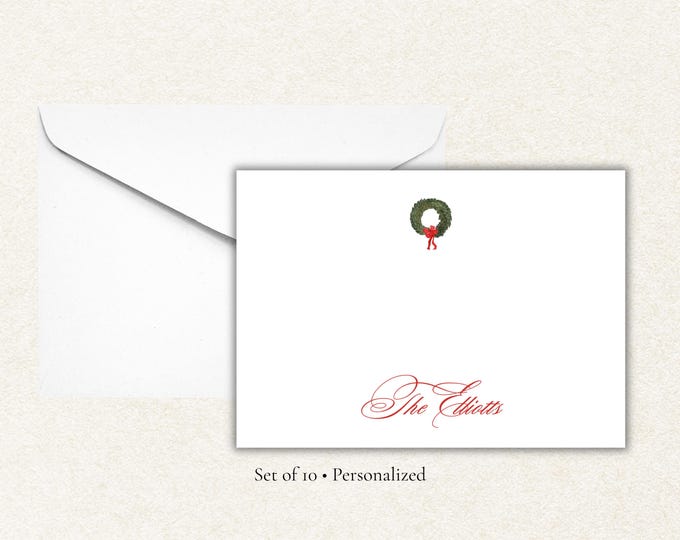 Christmas Wreath Stationery | Personalized Holiday Flat Cards | Custom Note Cards | Elegant Christmas Stationery Set
