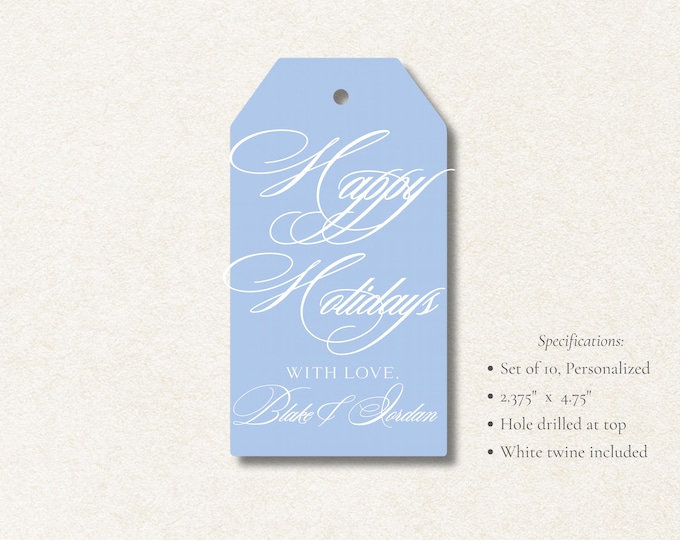 Personalized Happy Holidays Gift Tags | Light Blue Holiday Tags, Set of 10 | Elegant Script Christmas Tags with White Lettering & Twine