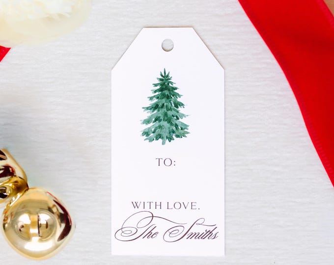 Personalized Christmas Tree Gift Tags | Custom Holiday Gift Tags | Set of 16 | Elegant Green & Brown Tree Tags with Twine