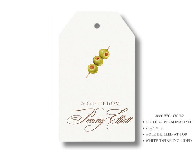Personalized Olive Gift Tags | Martini Cocktail Favor Tags | Elegant Bar Cart Gift Tags | Set of 16 | Watercolor Green Olive Tags with Twine
