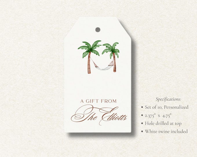 Personalized Palm Tree Gift Tags | Tropical Coastal Favor Tags | Custom Beach Wedding Tags | Set of 10 | Gift Tags with Twine