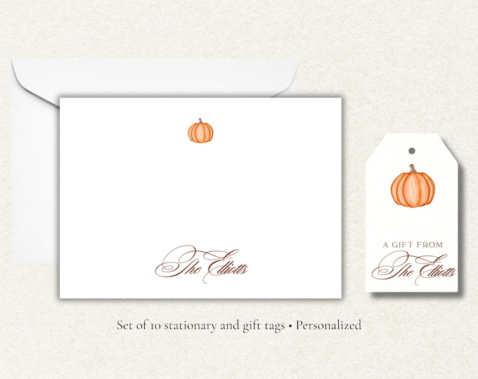 Personalized Pumpkin Stationery Set | Fall Note Cards and Gift Tags | Custom Family Name | Autumn Stationery | Thanksgiving A2 Card Set