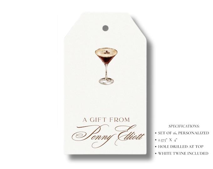 Personalized Espresso Martini Gift Tags | Custom Cocktail & Bar Cart Tags | Watercolor Espresso Martini Tags with Twine | Set of 16