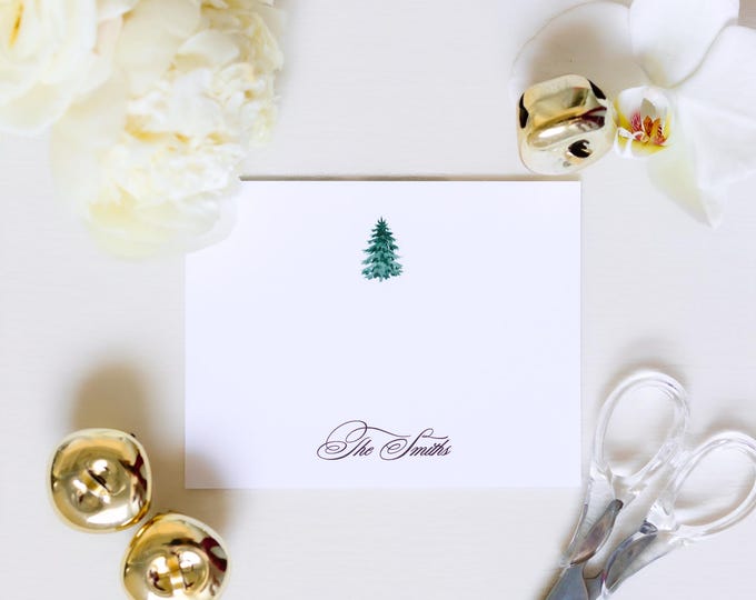 Personalized Christmas Tree Stationery | Elegant Holiday A2 Notecards with Envelopes | Custom Family Name Flat Note Cards | Set of 10