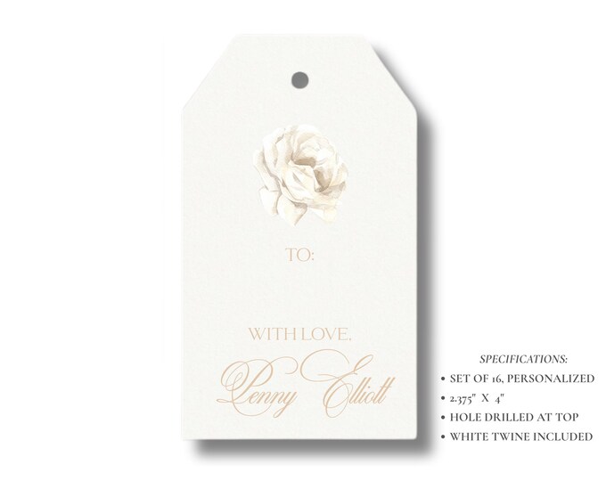 Personalized White Rose Gift Tags | Custom Floral Favor Tags | Elegant Wedding Tags | Set of 16 | Watercolor Rose Tags with Twine
