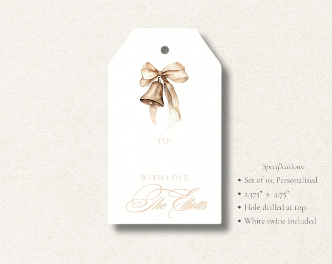 Personalized Christmas Bell Gift Tags | Elegant Holiday Tags, Set of 10 | Gold Bell Christmas Favor Tags with Twine