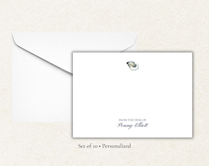 Personalized Oyster Stationery Set | Custom Coastal Note Cards | Nautical Flat Cards | Set of 10 Personalized Stationery